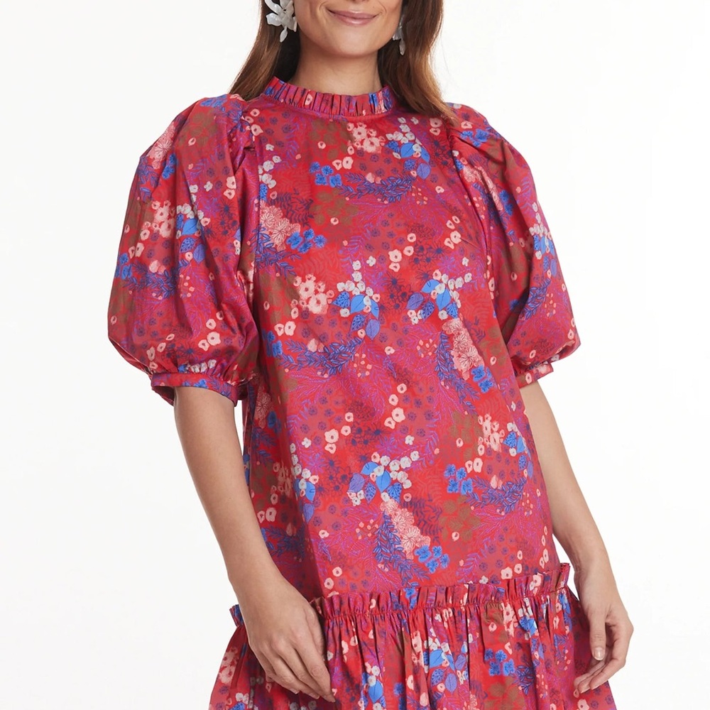 Tyler Boe Red Floral Puff-Sleeve Midi Dress